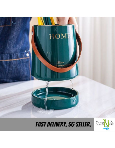 Ceramic CUTLERY HOLDER with Leather Strap Green Black White