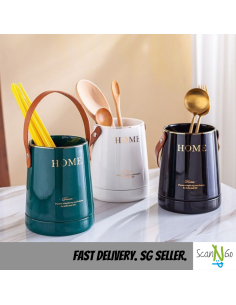 Ceramic CUTLERY HOLDER with Leather Strap Green Black White 2