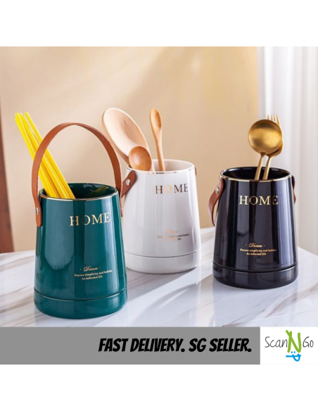 Ceramic CUTLERY HOLDER with Leather Strap Green Black White