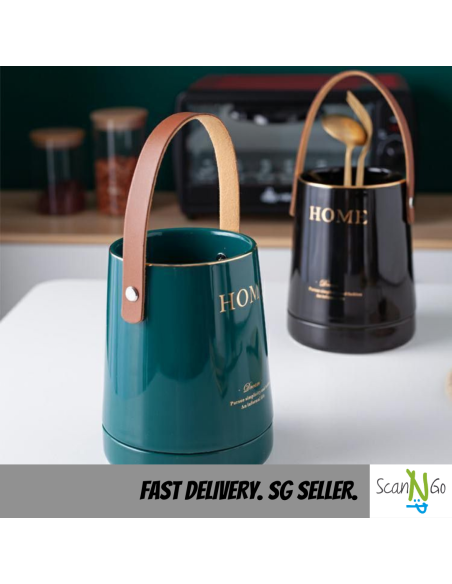 Ceramic CUTLERY HOLDER with Leather Strap Green Black White