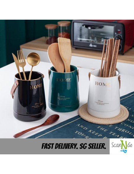 Ceramic CUTLERY HOLDER with Leather Strap Green Black White