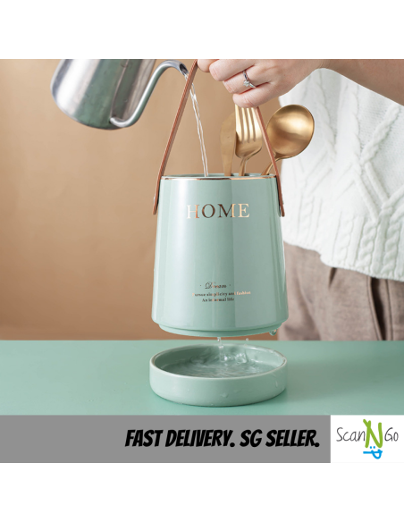 Ceramic CUTLERY HOLDER with Leather Strap Green Black White