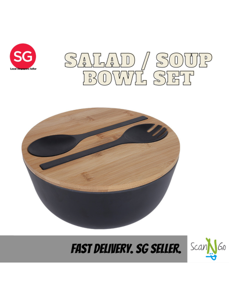 [SG Seller] Bamboo Salad Soup Food Storage Bowl with Fork and Spoon Large Size Minimalistic Design Ready Available Stock