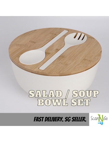 [SG Seller] Bamboo Salad Soup Food Storage Bowl with Fork and Spoon Large Size Minimalistic Design Ready Available Stock