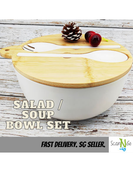 [SG Seller] Bamboo Salad Soup Food Storage Bowl with Fork and Spoon Large Size Minimalistic Design Ready Available Stock