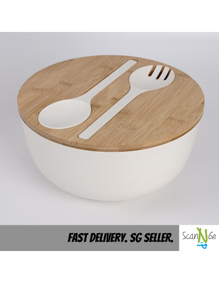 [SG Seller] Bamboo Salad Soup Food Storage Bowl with Fork and Spoon Large Size Minimalistic Design Ready Available Stock