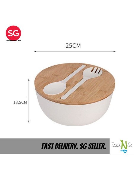 [SG Seller] Bamboo Salad Soup Food Storage Bowl with Fork and Spoon Large Size Minimalistic Design Ready Available Stock